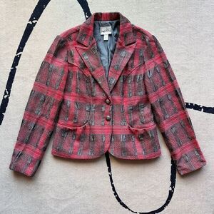 VTG Y2K Joseph Ribkoff Red Silver Plaid Blazer Veston Jacket Size 12 Canada Made
